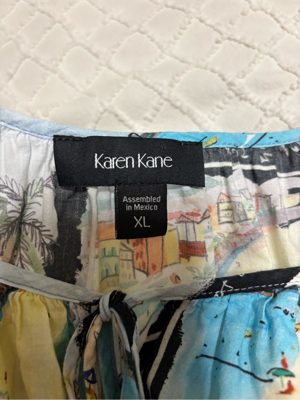 Karen Kane Blue Multi Scenic Square-Print Cotton Peasant Blouse - XL - Picture 6 of 9